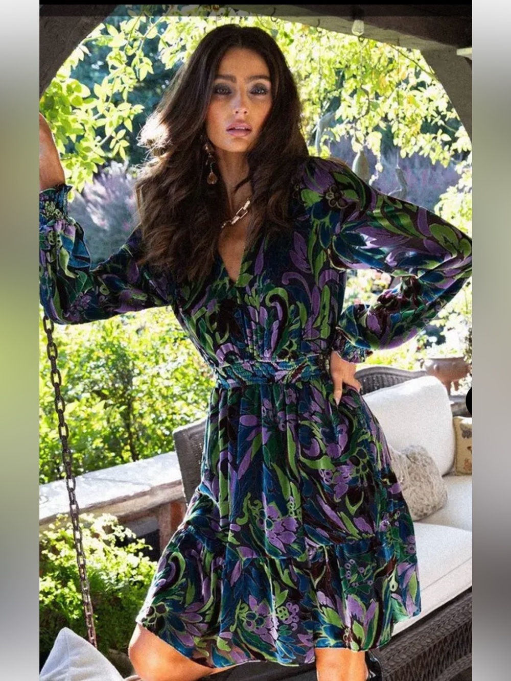 Hale Bob Oaklee Velvet Burnout Dress in Purple, Green and Black